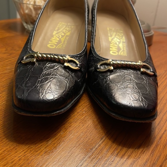 Salvatore Ferragamo Brown Alligator with Gold Accent Heel - Picture 8 of 10